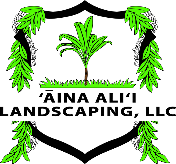 Logo for 'Āina Ali'i Landscaping, LLC, featuring a shield with a palm tree, green foliage, and black text on white.