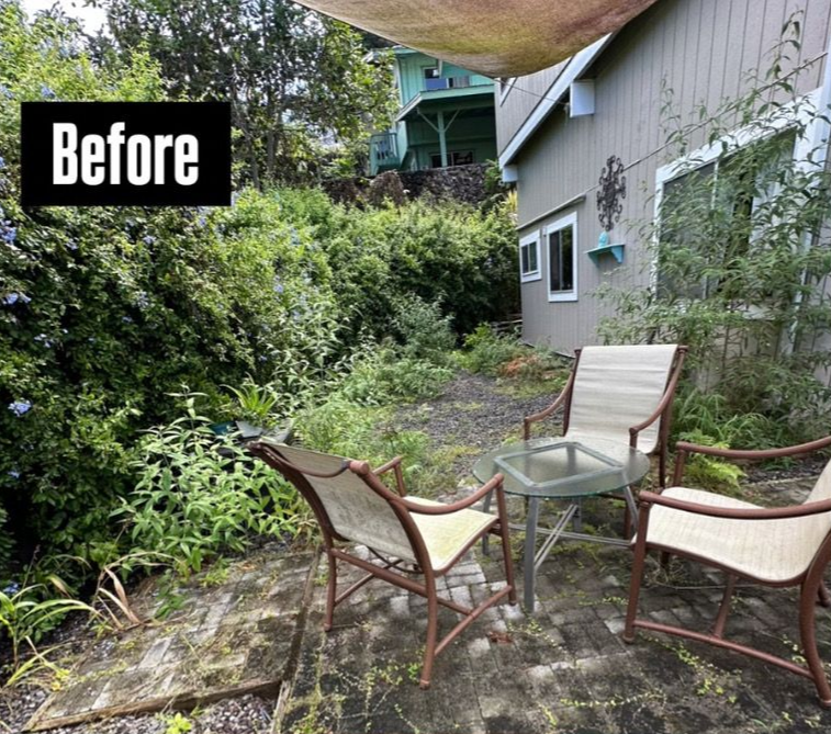 A small, weathered patio with three chairs and a table, set against a house and overgrown garden, labeled 