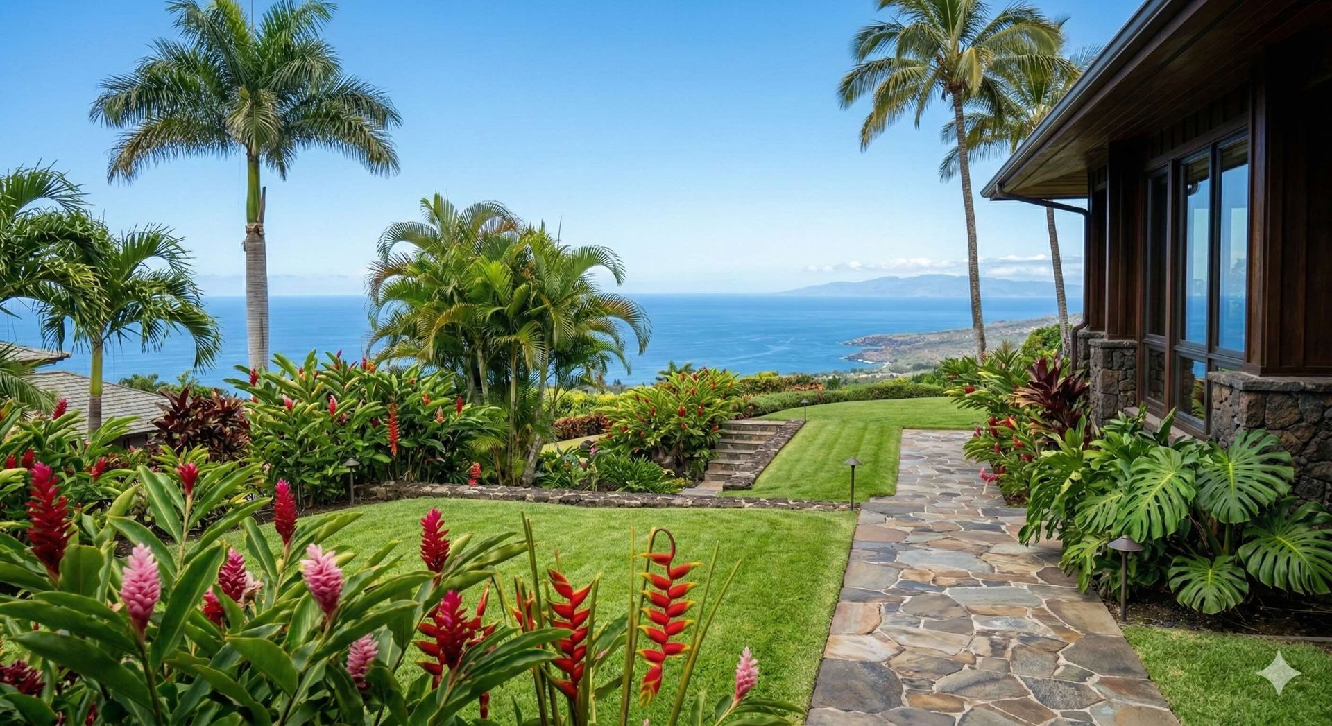 A stone path leads past tropical flowers toward a lush green lawn, palm trees, and an expansive ocean view.
