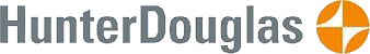 Hunter Douglas logo in grey text with an orange circular icon featuring a white stylized abstract design.