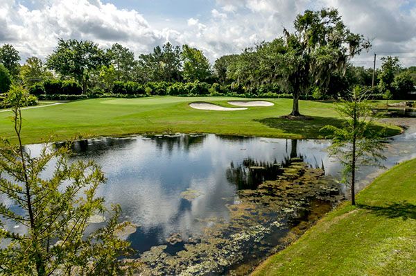 Golf course scene: pond in foreground, green fairway with bunker, trees and sky.