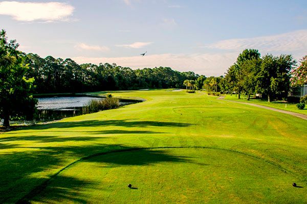 Green golf course with a lake and trees under a blue sky.