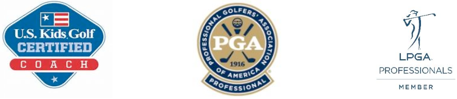 Logos of U.S. Kids Golf Certified Coach, PGA, and LPGA Professionals Member.