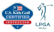Logos: U.S. Kids Golf Certified Instructor badge; LPGA Member silhouette with golf club.