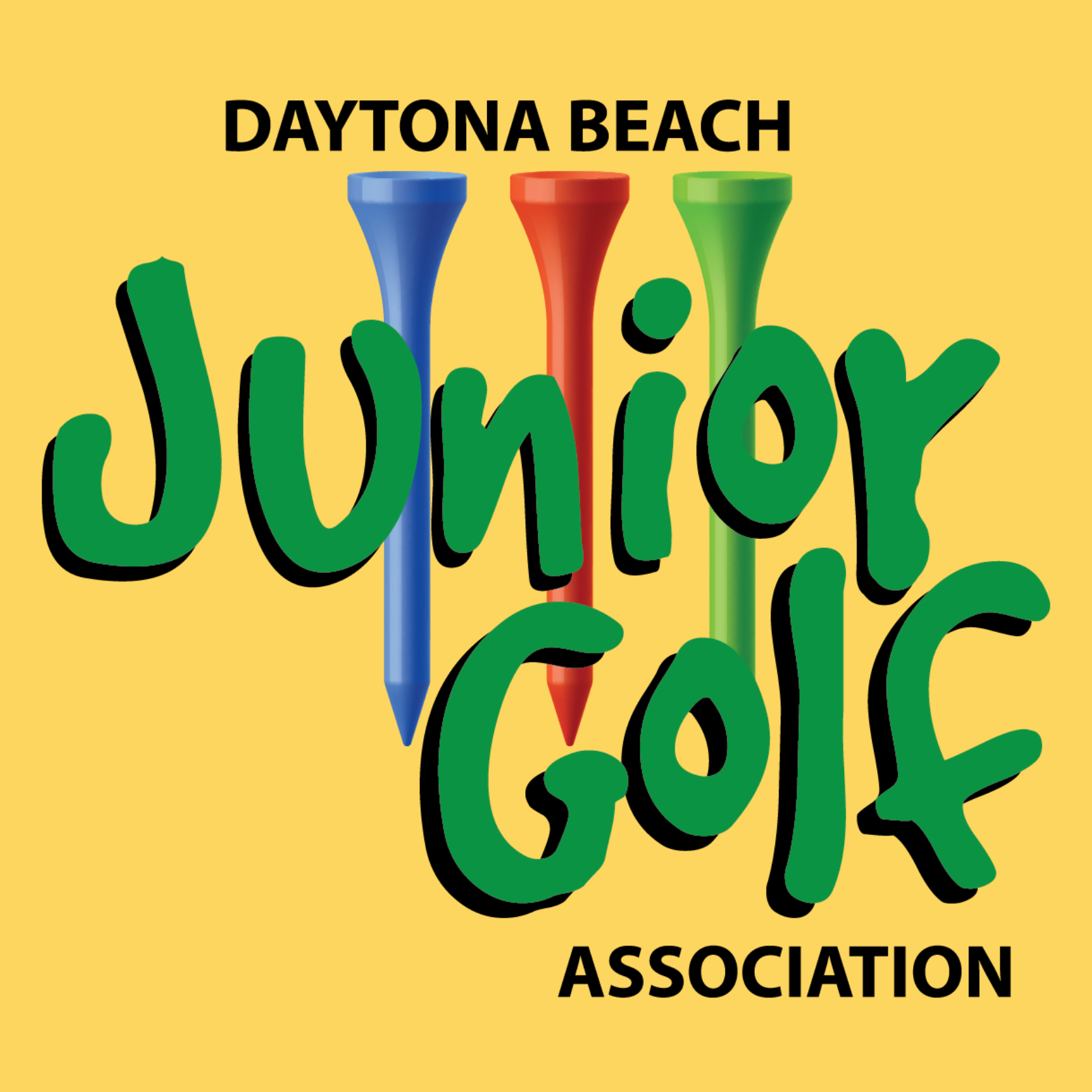Daytona Beach Junior Golf Association logo: green text, colorful golf tees, yellow background.