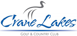 Logo for Crane Lakes Golf & Country Club, featuring a grey crane above blue cursive text and a blue horizontal line.