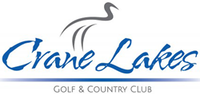 Logo for Crane Lakes Golf & Country Club, featuring a grey crane above blue cursive text and a blue horizontal line.