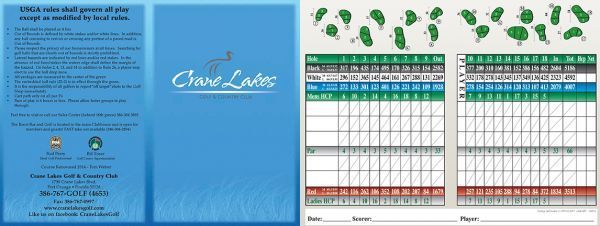 Golf scorecard with course layout graphic, Chase Lakes logo, blue background, and score fields.