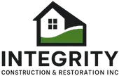 Logo for Integrity Construction & Restoration Inc. featuring a house silhouette, green curved line, and the company name.