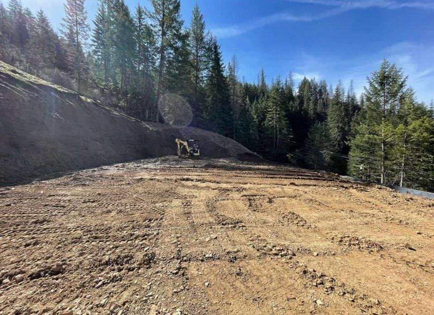 Excavator on a cleared, dirt construction site, backed by a forest and hillside under a blue sky.