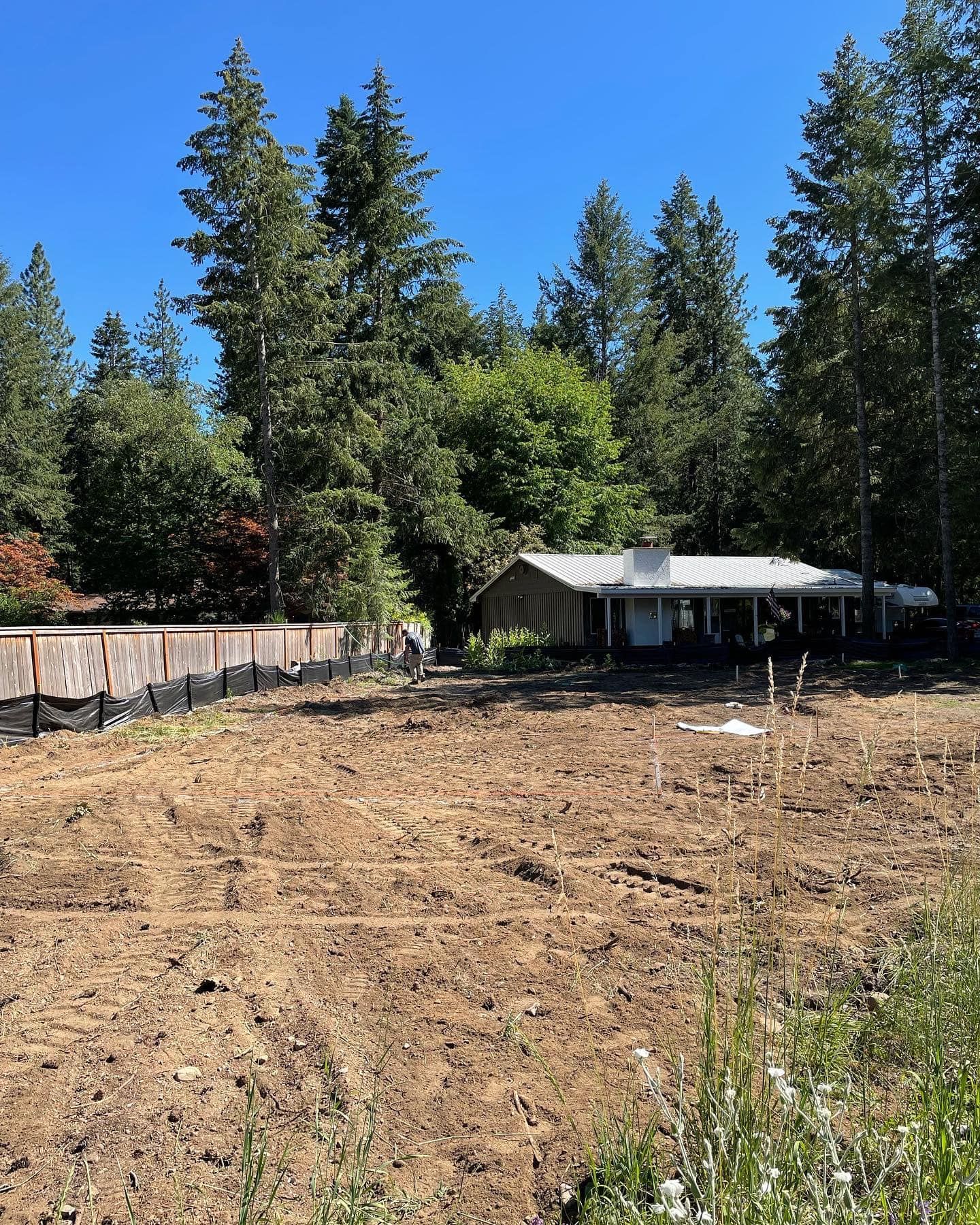 Cleared dirt field with a house in the background surrounded by tall green trees under a blue sky.