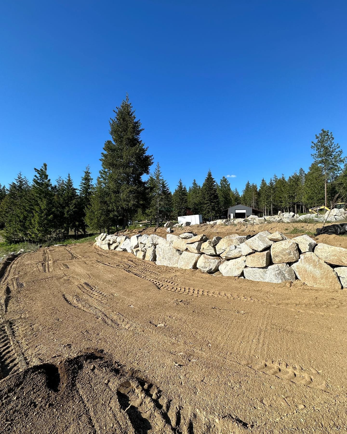Dirt field in front of a rock wall, tall trees in the background under a blue sky.
