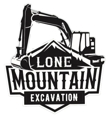 Logo: excavator over a mountain with