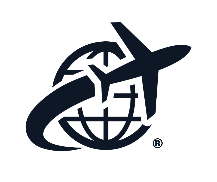 A black and white logo of an airplane and a globe.