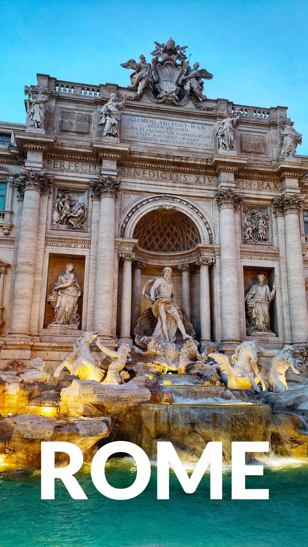 A large building with a fountain in front of it and the word rome on it.