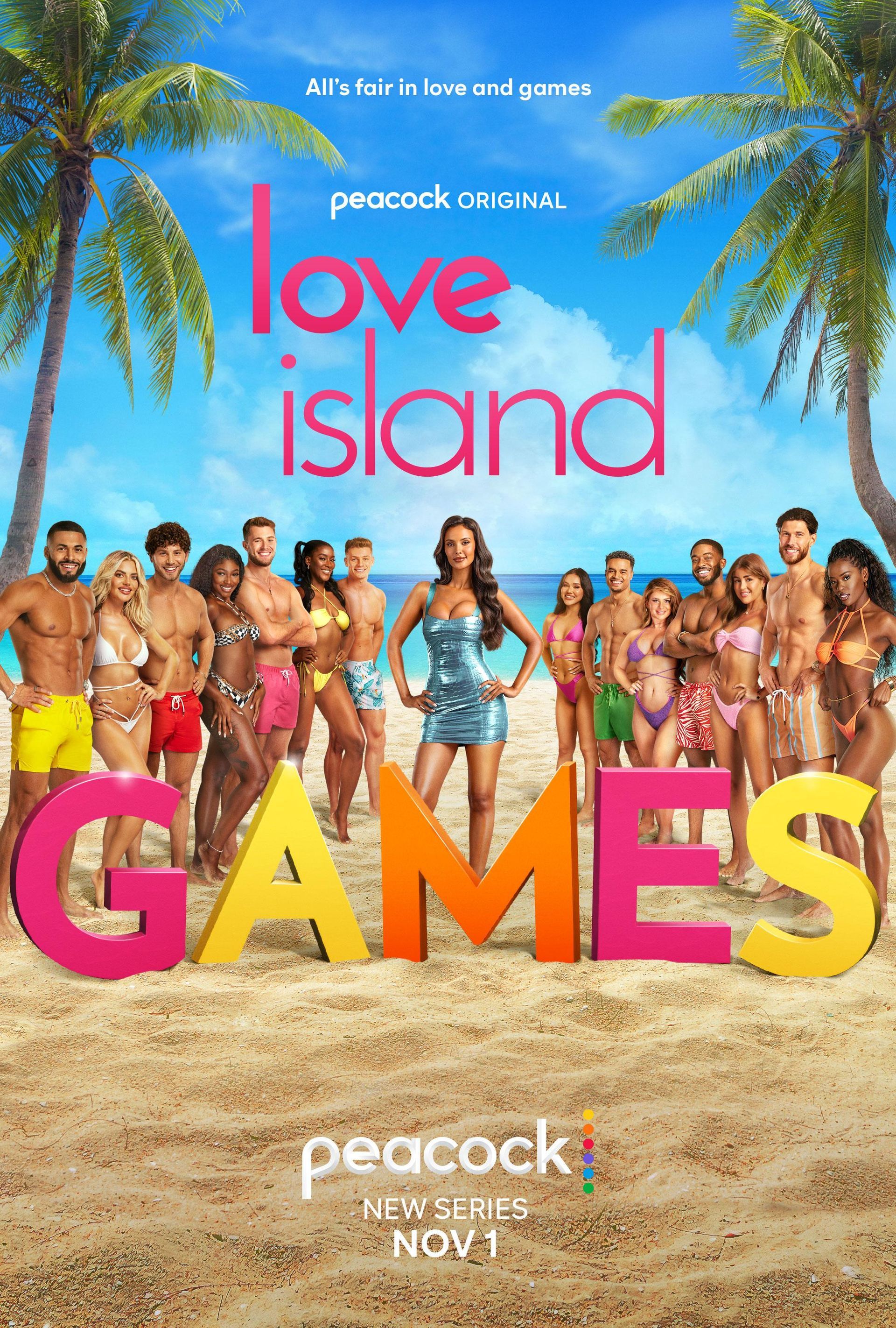 A poster for love island games shows a group of people standing on a beach.