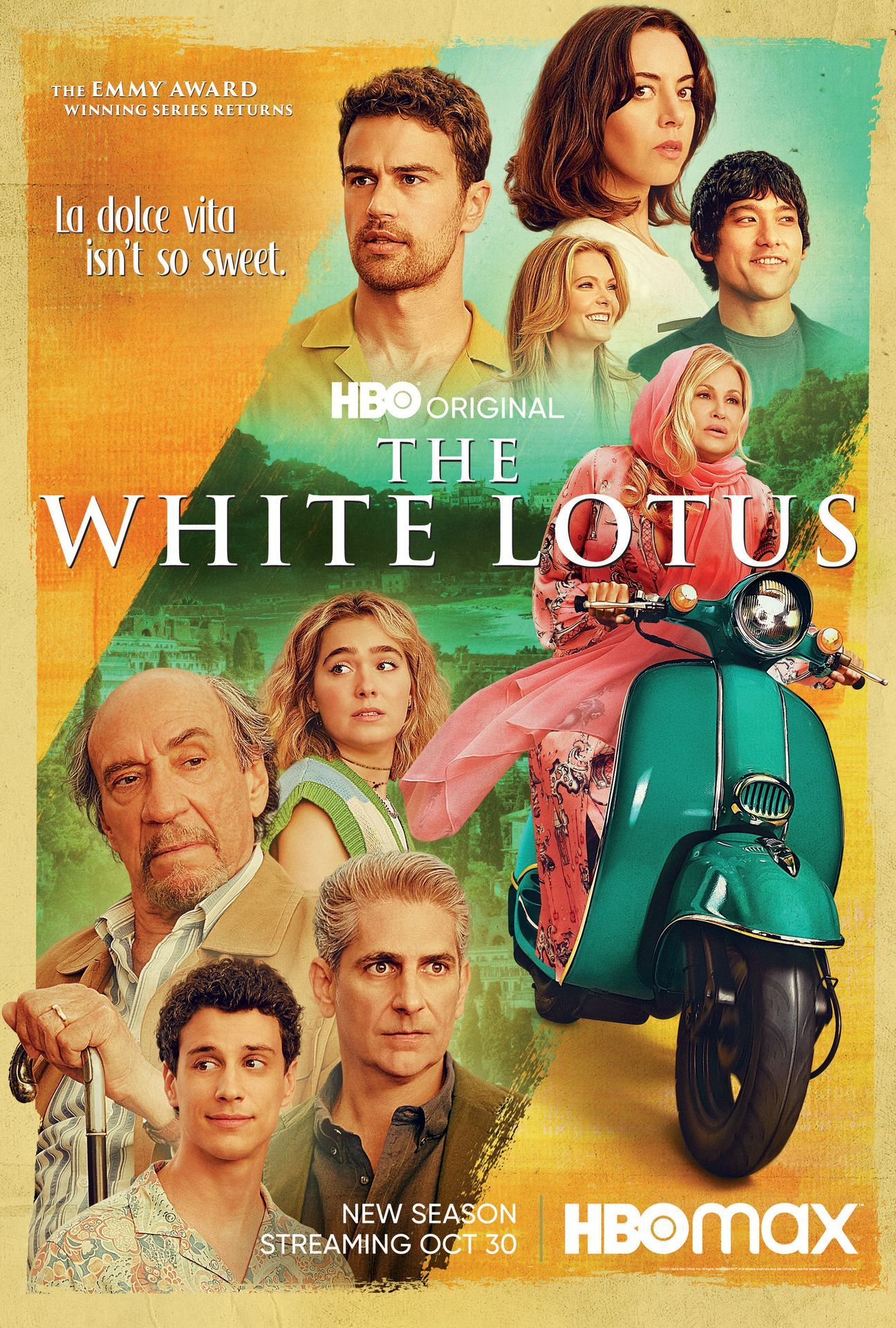 A movie poster for the white lotus shows a group of people on a scooter.