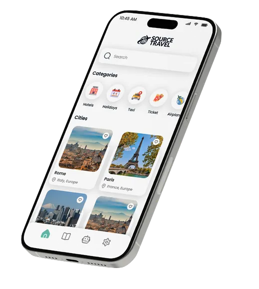 A cell phone with a travel app on the screen.