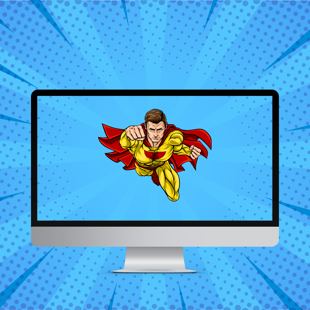 A computer monitor with a superhero on the screen.