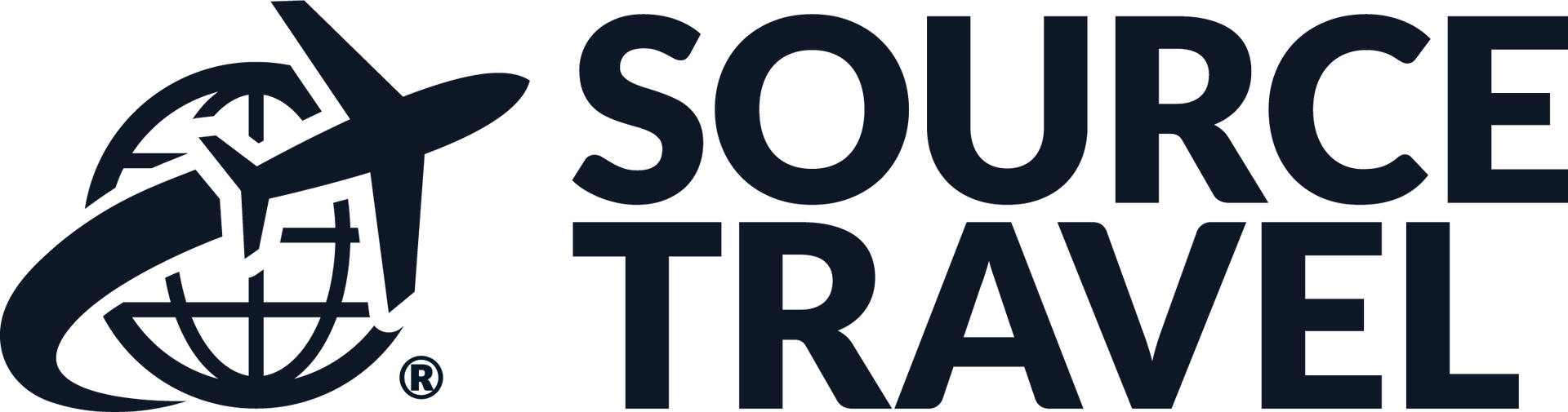 The logo for source travel shows a plane flying over a globe.