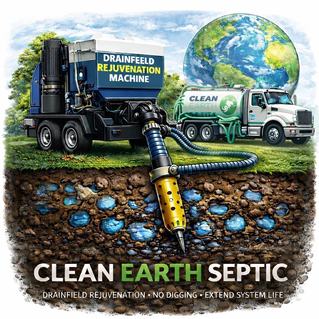 AI Graphic showing cartoon septic pump truck and drainfield rejuvenation service from Clean Earth Septic Van Etten NY