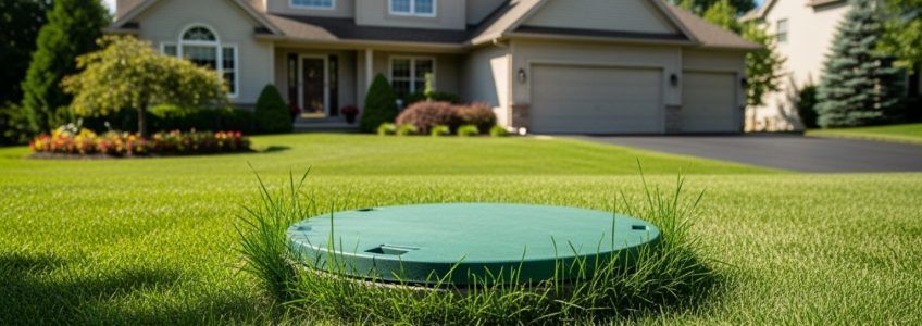 septic tank lid in front of beautiful suburban home