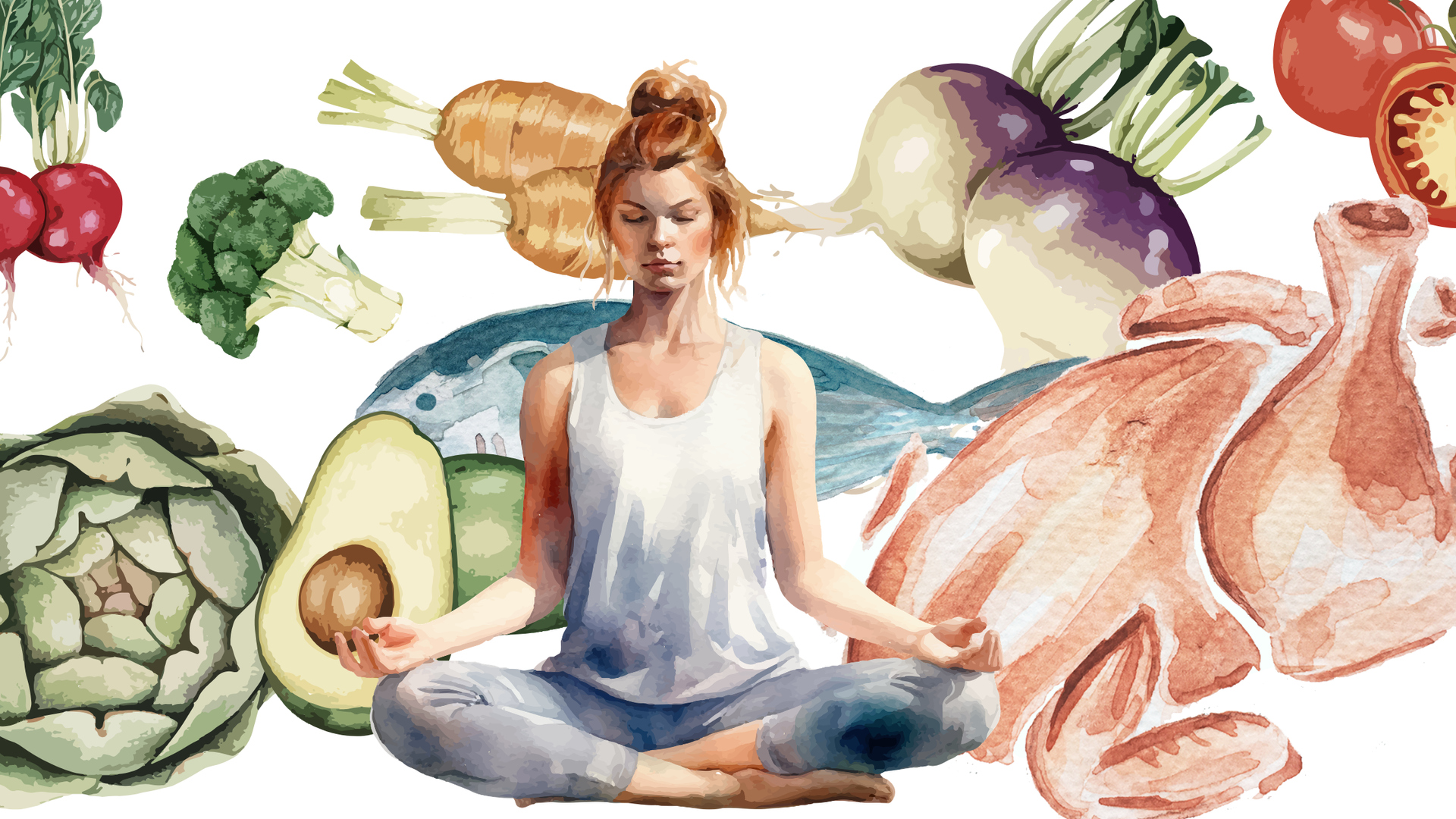Woman meditating surrounded by healthy food: vegetables, fish, chicken.