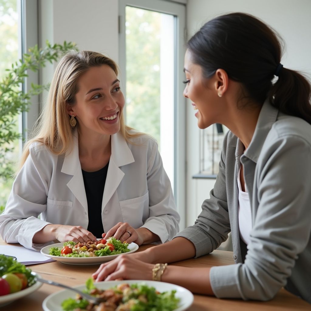 Two women eating salad, smiling, and talking at a table in a light-filled room.