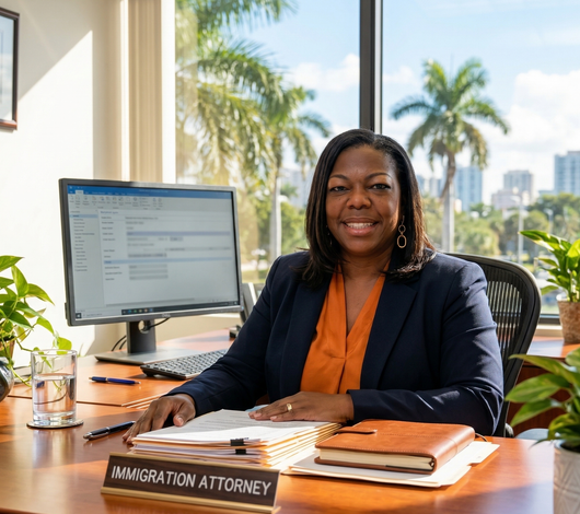 An immigration attorney sits at a wooden desk with office files, a laptop, and a view of palm trees outside a window.