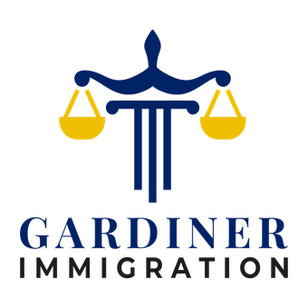 A logo for Gardiner Immigration, featuring a dark blue pillar topped with a scale of justice, with gold weighing pans.