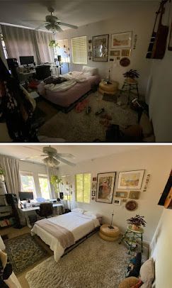 A before and after photo of a bedroom with a bed and a ceiling fan.