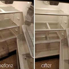 A before and after picture of a refrigerator.