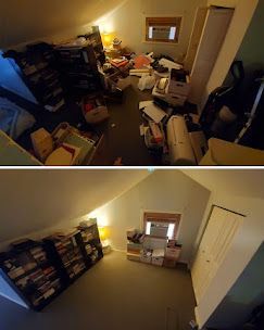 A before and after photo of a messy room.