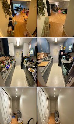 A collage of photos of a kitchen before and after being cleaned.