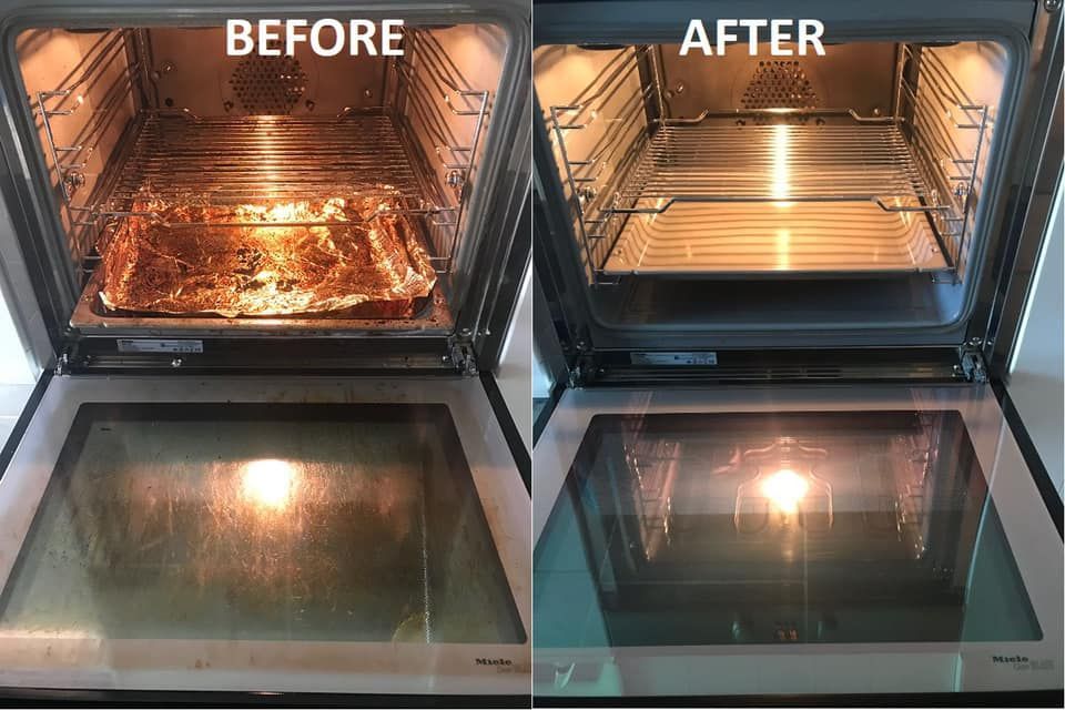 A before and after picture of a dirty oven and a clean oven.