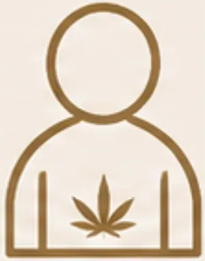 Brown outline icon of a person with a cannabis leaf on the chest