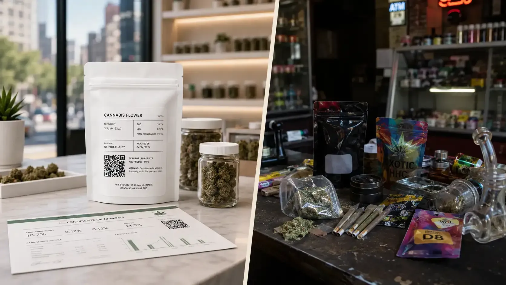 Side by side visual of Licensed dispensary counter and Illicit smoke shop