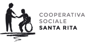 Sagoma di una persona che aiuta un'altra persona in sedia a rotelle con la scritta "Cooperativa Sociale Santa Rita".