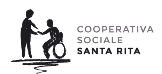 Logo di una cooperativa sociale: una persona aiuta un'altra persona in sedia a rotelle. Il testo recita 