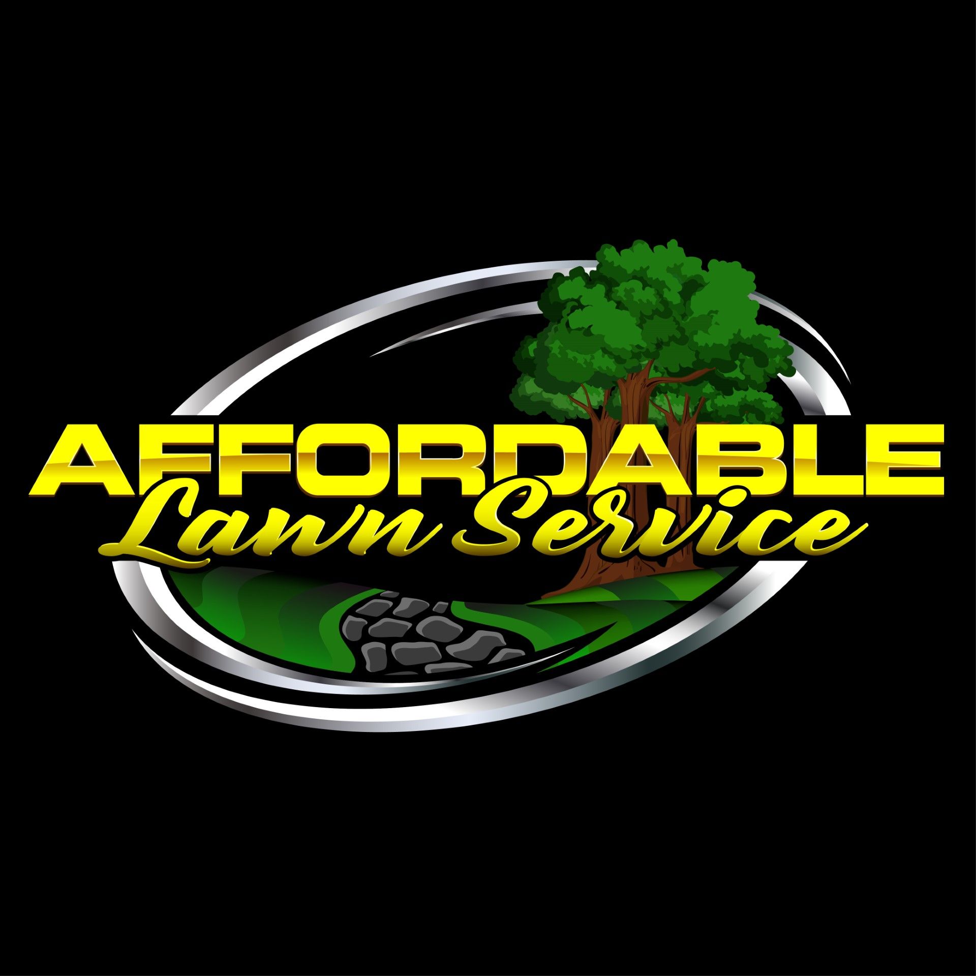 Affordable Lawn Service logo with yellow text, green tree, and silver oval on a black background