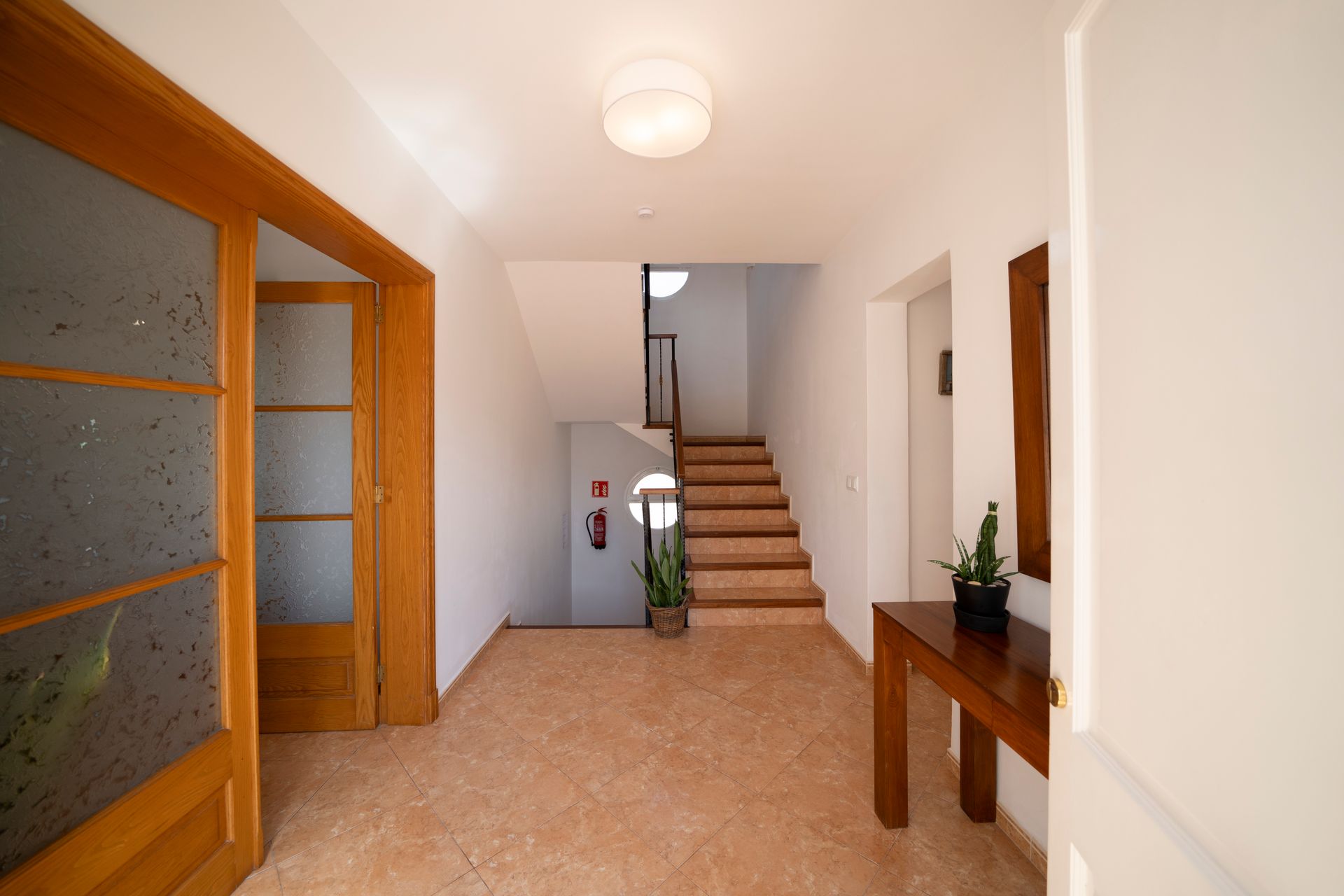 Pasillo con puerta y escalera de madera, suelo de baldosas color canela, paredes blancas, mesa de madera con planta.