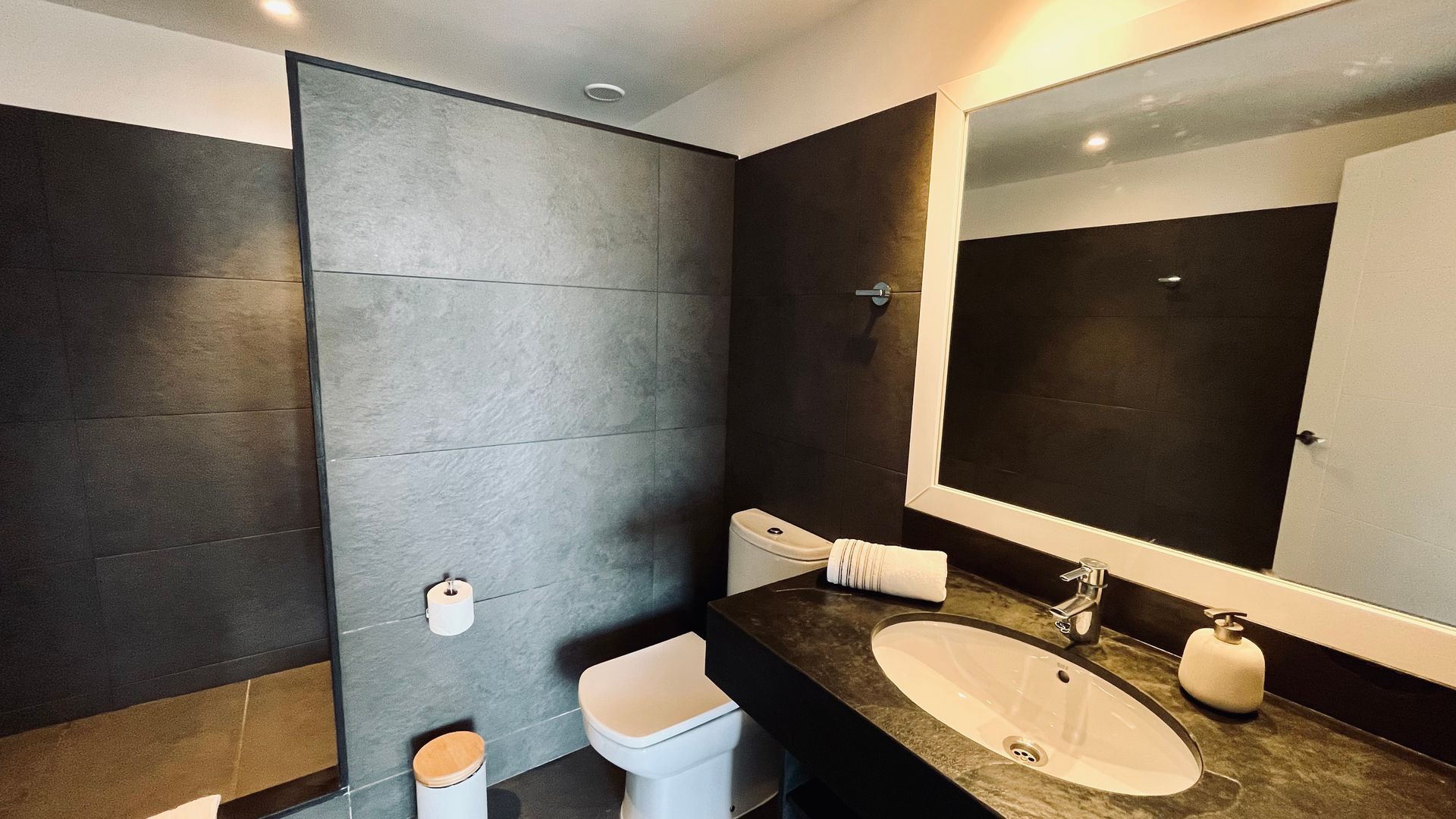 Baño moderno con paredes de color gris oscuro, inodoro blanco y lavabo con espejo grande.