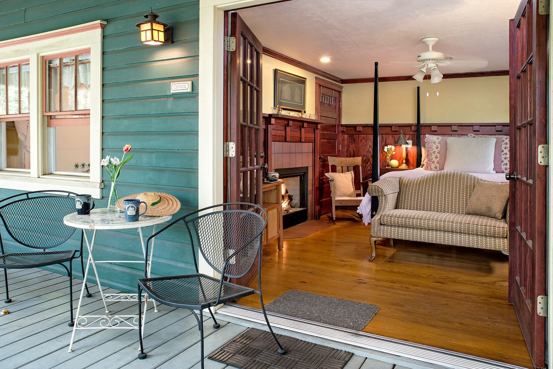 outdoor porch and bedroom shot at Magnolia Plantation B&B