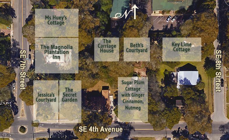 an aerial view of the inn and cottages