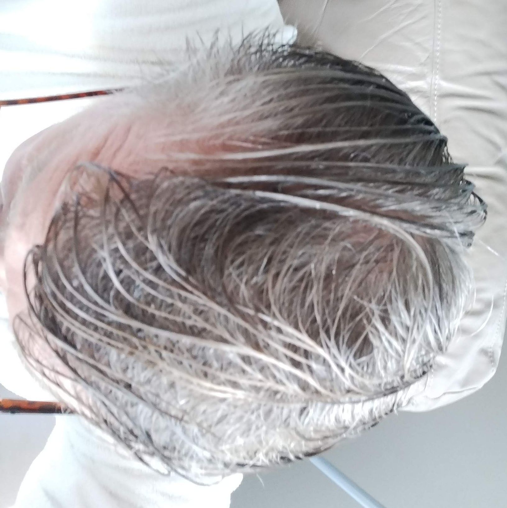 A man with gray hair is standing in front of a wooden dresser.