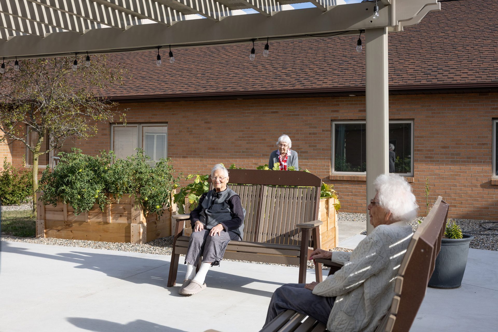 Three older adults relax in a sunny outdoor patio with a pergola.