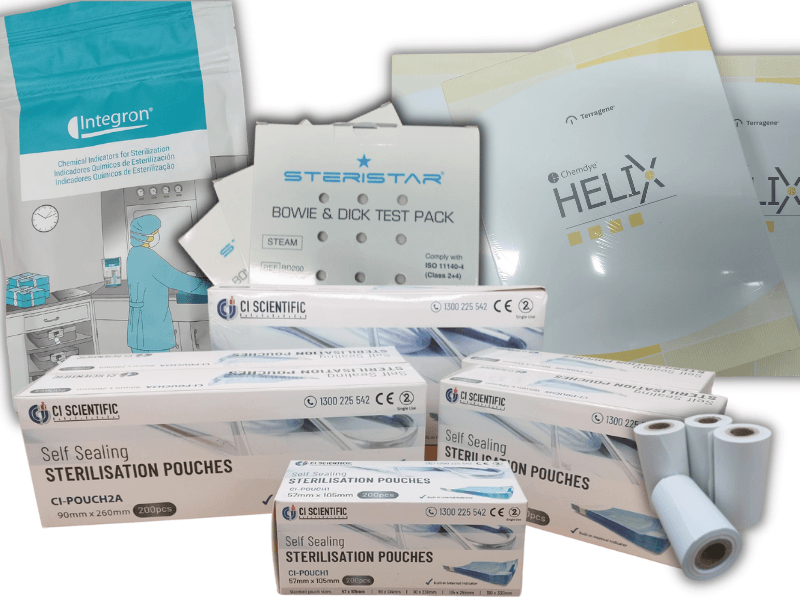 collage of autoclave sterilisation consumables including class 6 indicators, bwie and dick test packs, helix test kits, thermal paper rolls, and self sealing sterilisation pouches in a range of sizes.