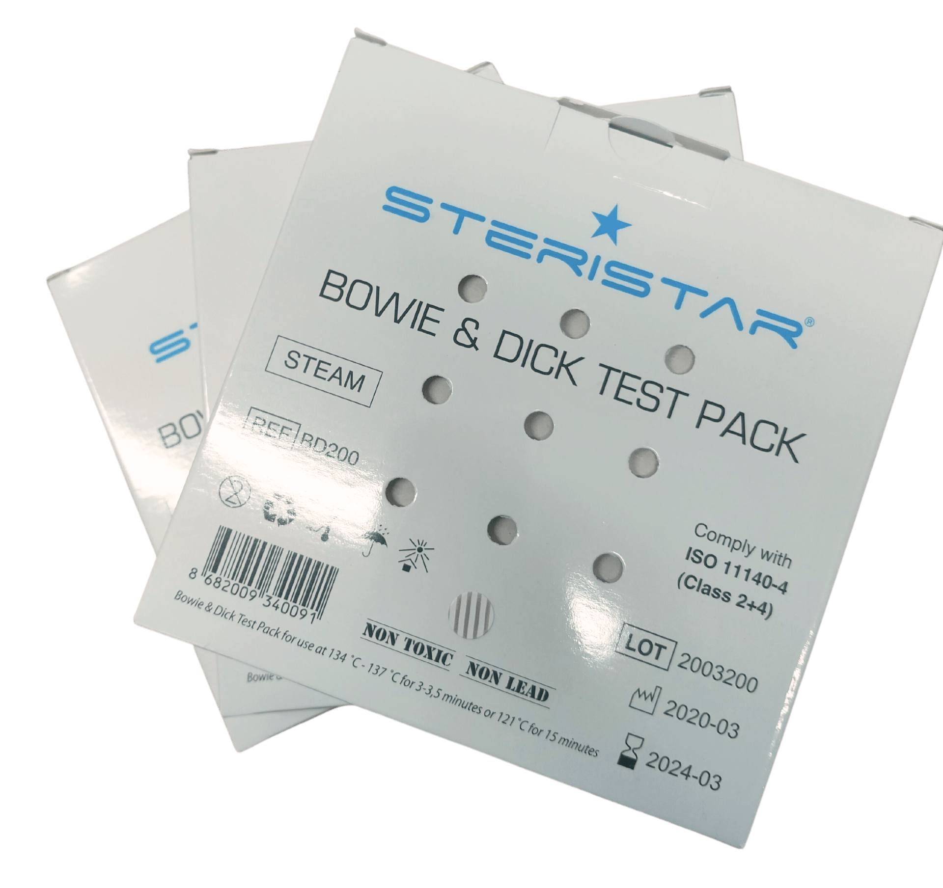 Photo of three Steristar brand Bowie and Dick Test Packs for Steam Sterilisers