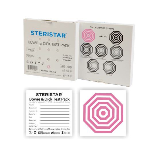 product photo from Steristar of front and back of bowie and dick test pack for steam sterilisers
