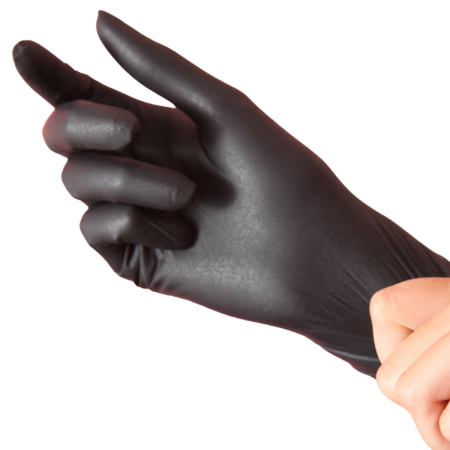 photo of a hand wearing a black nitrile disposable glove